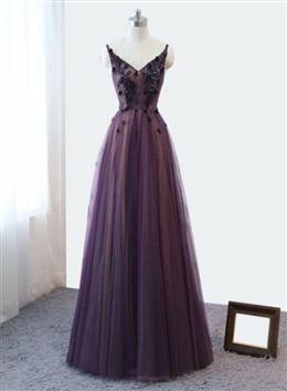 Picture of Purple V-neckline Tulle Lace Applique Party Dresses, Purple Formal Dresses Prom Dresses